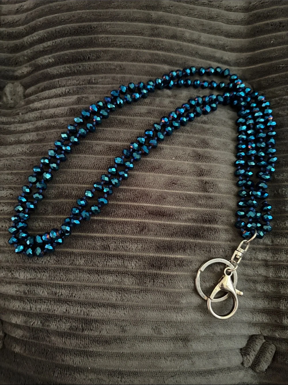 Blue Crystal Beaded Lanyard Necklace with Silver Hardware